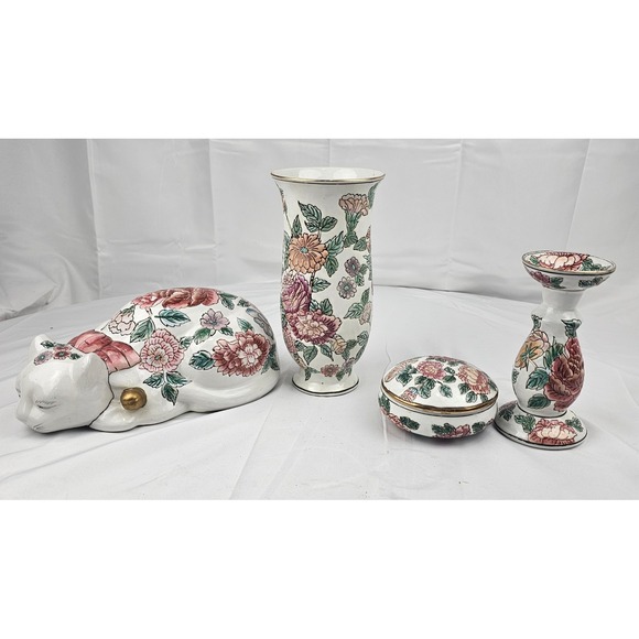 Floral Porcelain Vase Candlestick Trinket Box Cat Decor Set Cottagecore - Picture 2 of 16